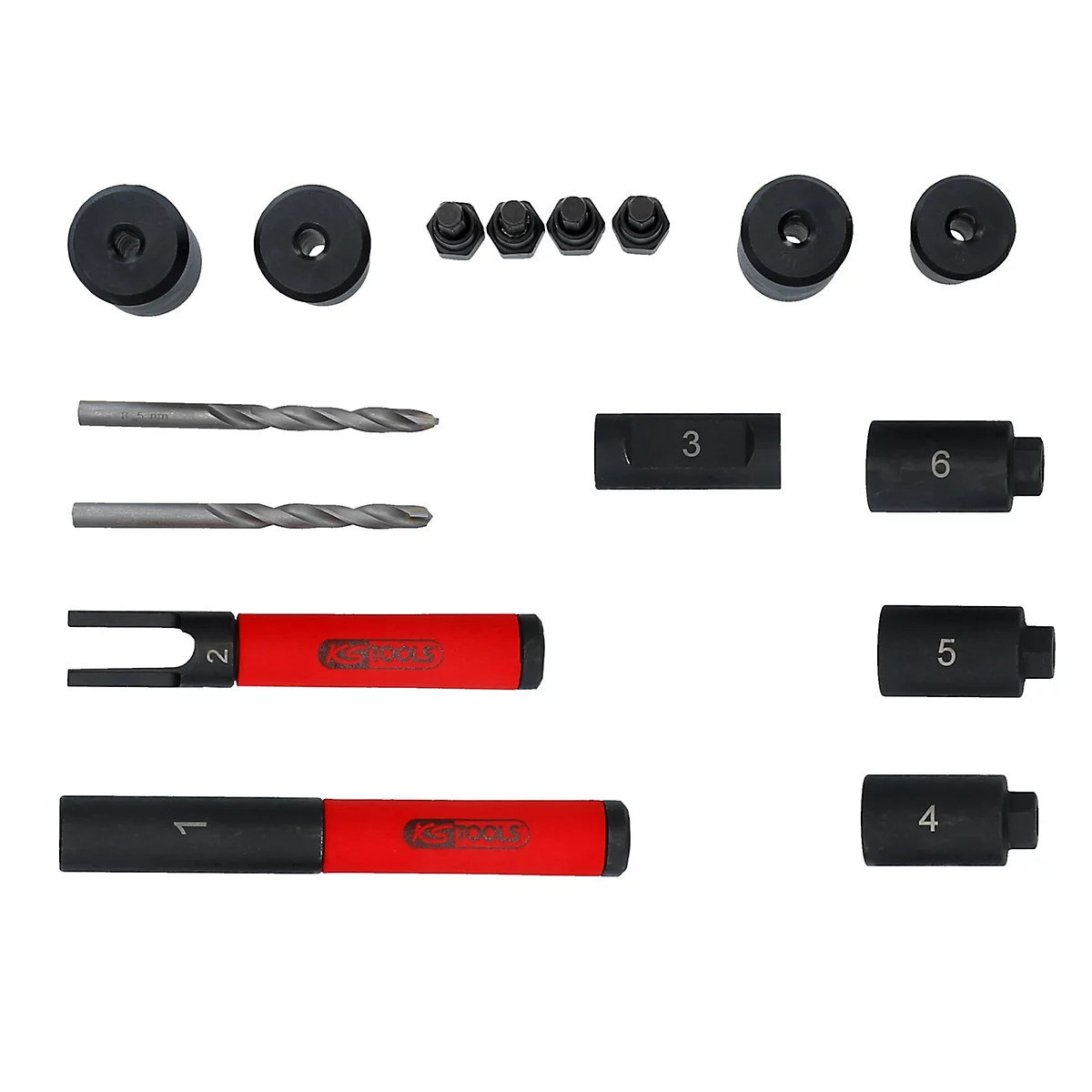 Werkzeugset mit verschiedenen Teilen: Bohrer, Schrauben, schwarze Hülsen und rot-schwarze Griffe mit Zahlen.